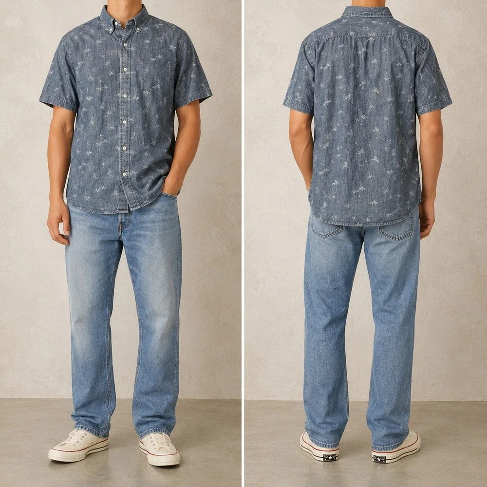 Levis Button Down Shirt Mens XL Blue Palm Tree Print Short Sleeve Cotton Denim